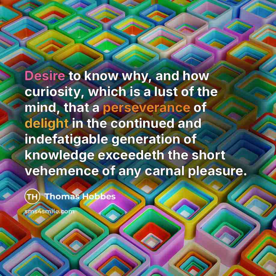 “Desire to know why, and how curiosity, which is a lust of the mind, that a perseverance of delight in the continued and indefatigable generation of knowledge exceedeth the short vehemence of any carnal pleasure.” quote by Thomas Hobbes