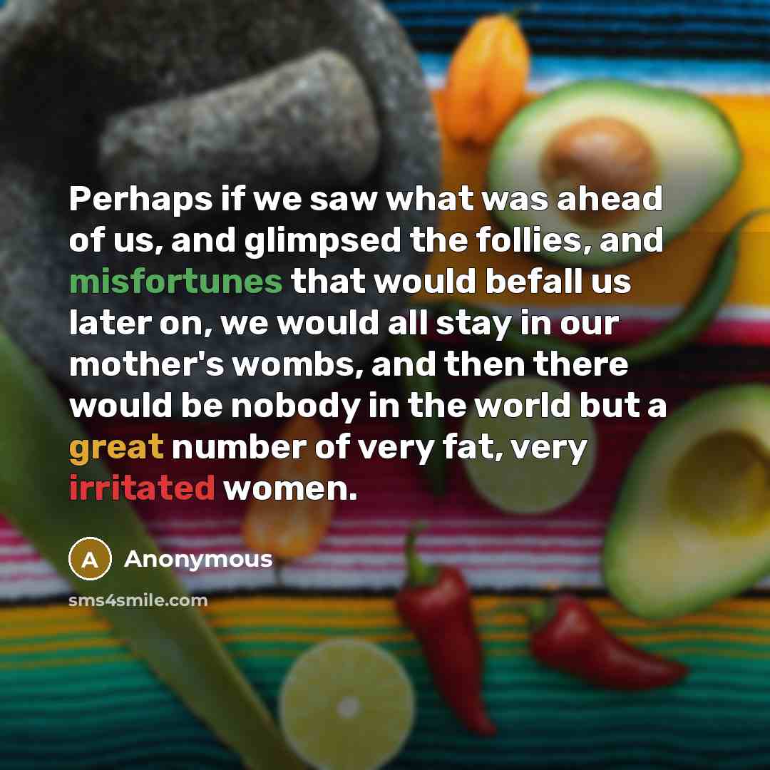 “Perhaps if we saw what was ahead of us, and glimpsed the follies, and misfortunes that would befall us later on, we would all stay in our mother's wombs, and then there would be nobody in the world but a great number of very fat, very irritated women.” quote by Anonymous