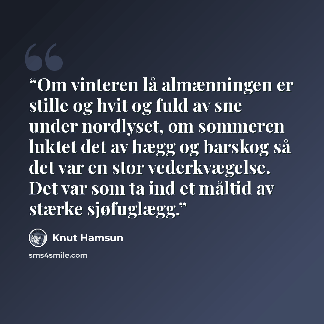 “Om vinteren lå almænningen er stille og hvit og fuld av sne under nordlyset, om sommeren luktet det av hægg og barskog så det var en stor vederkvægelse. Det var som ta ind et måltid av stærke sjøfuglægg.” quote by Knut Hamsun