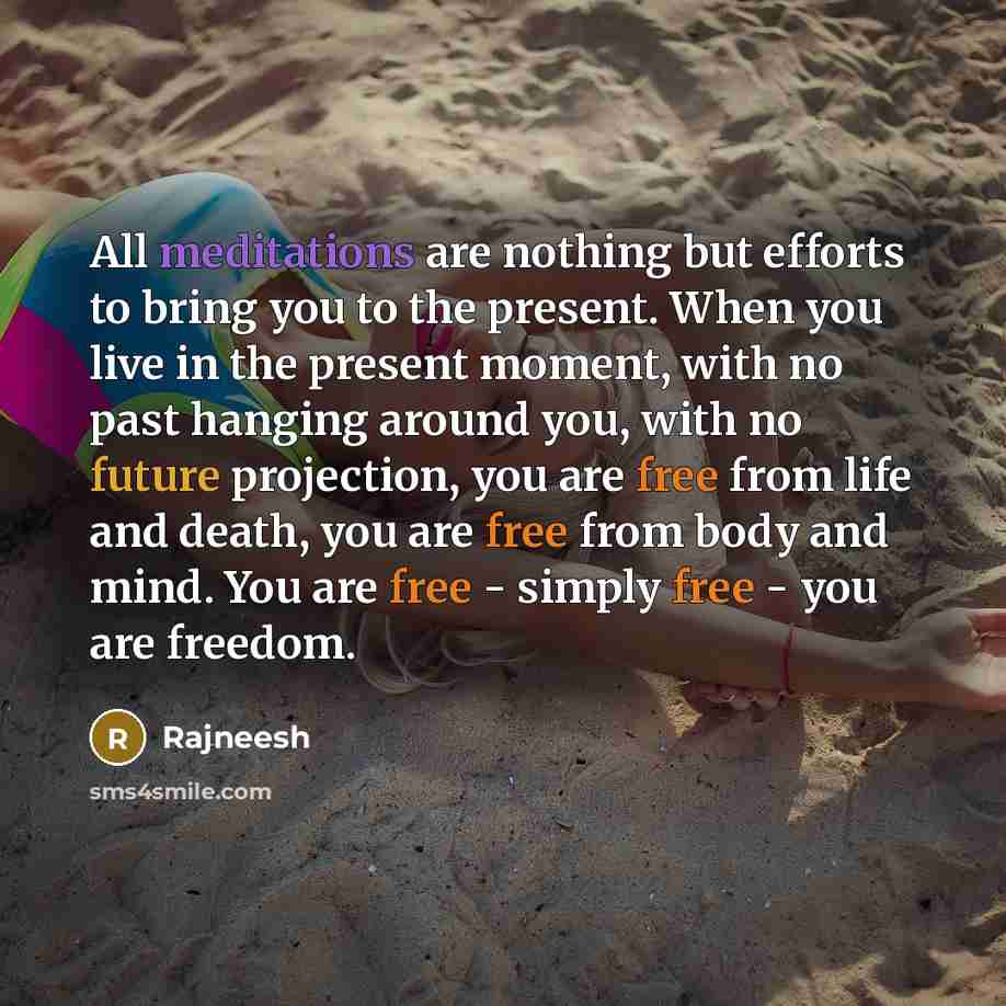 “All meditations are nothing but efforts to bring you to the present. When you live in the present moment, with no past hanging around you, with no future projection, you are free from life and death, you are free from body and mind. You are free - simply free - you are freedom.” quote by Rajneesh