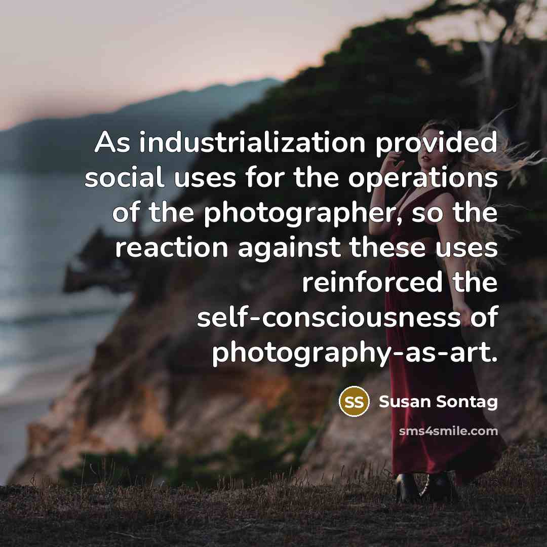 “As industrialization provided social uses for the operations of the photographer, so the reaction against these uses reinforced the self-consciousness of photography-as-art.” quote by Susan Sontag