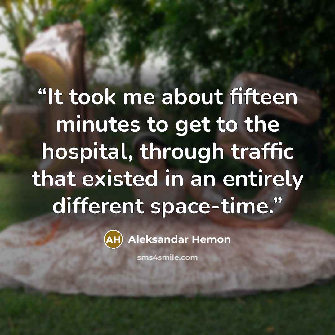 “It took me about fifteen minutes to get to the hospital, through traffic that existed in an entirely different space-time.” quote by Aleksandar Hemon