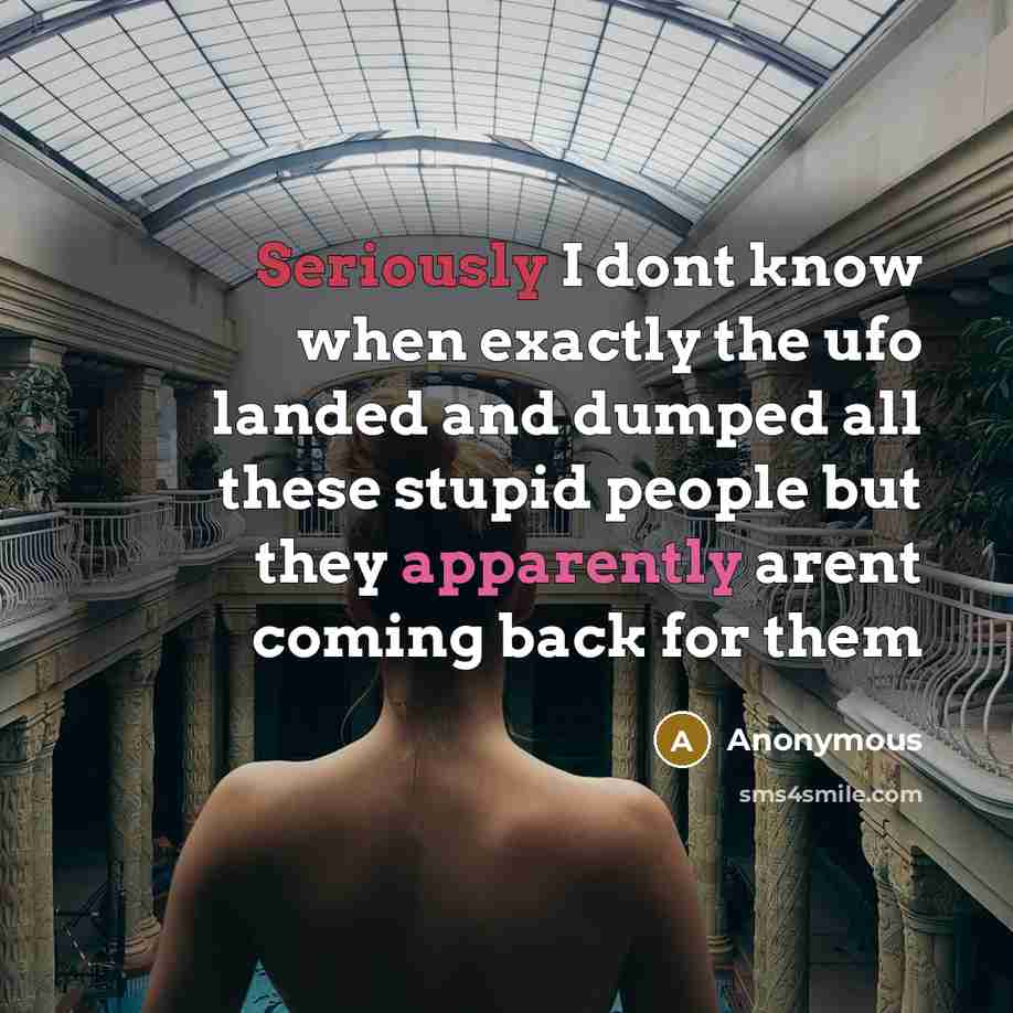 “Seriously I dont know when exactly the ufo landed and dumped all these stupid people but they apparently arent coming back for them” quote by Anonymous