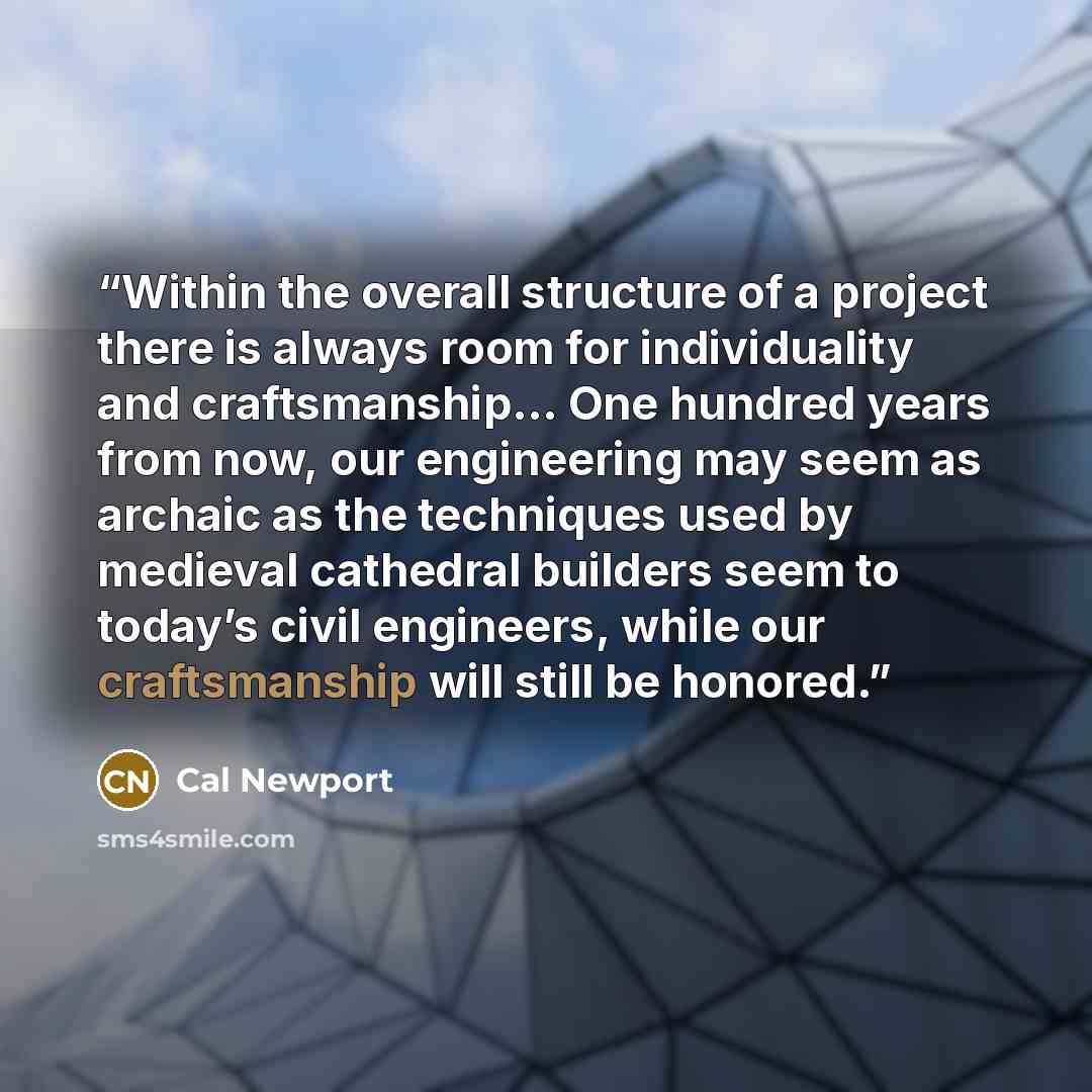 “Within the overall structure of a project there is always room for individuality and craftsmanship… One hundred years from now, our engineering may seem as archaic as the techniques used by medieval cathedral builders seem to today’s civil engineers, while our craftsmanship will still be honored.” quote by Cal Newport