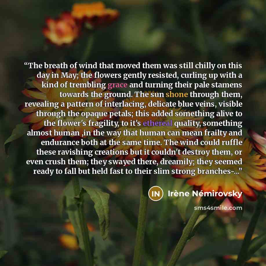 “The breath of wind that moved them was still chilly on this day in May; the flowers gently resisted, curling up with a kind of trembling grace and turning their pale stamens towards the ground. The sun shone through them, revealing a pattern of interlacing, delicate blue veins, visible through the…” quote by Irène Némirovsky