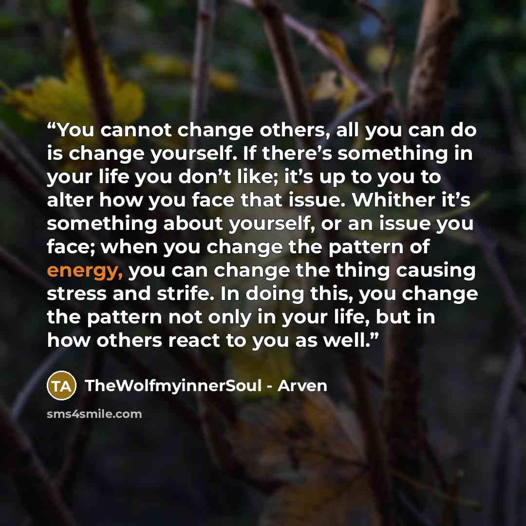 “You cannot change others, all you can do is change yourself. If there’s something in your life you don’t like; it’s up to you to alter how you face that issue. Whither it’s something about yourself, or an issue you face; when you change the pattern of energy, you can change the thing causing…” quote by TheWolfmyinnerSoul - Arven