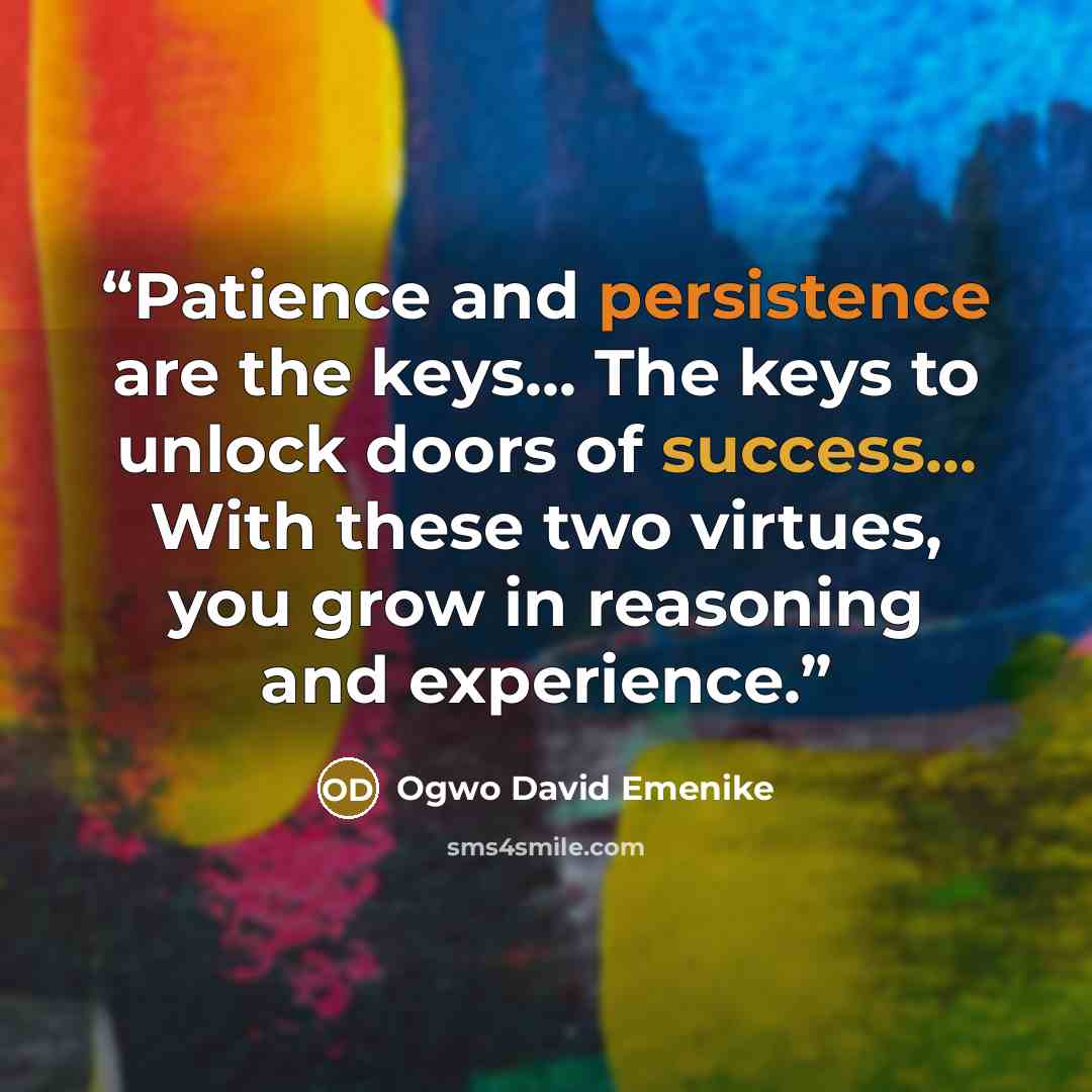 “Patience and persistence are the keys... The keys to unlock doors of success... With these two virtues, you grow in reasoning and experience.” quote by Ogwo David Emenike