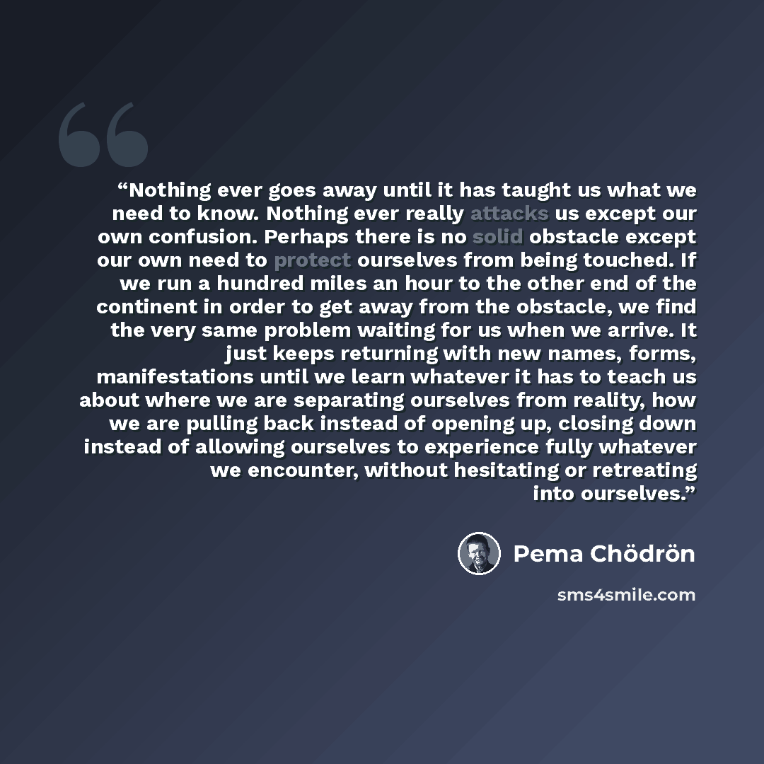 “Nothing ever goes away until it has taught us what we need to know. Nothing ever really attacks us except our own confusion. Perhaps there is no solid obstacle except our own need to protect ourselves from being touched. If we run a hundred miles an hour to the other end of the continent in order…” quote by Pema Chödrön