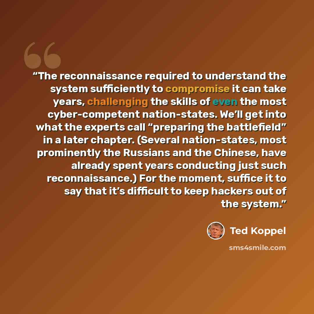 “The reconnaissance required to understand the system sufficiently to compromise it can take years, challenging the skills of even the most cyber-competent nation-states. We’ll get into what the experts call “preparing the battlefield” in a later chapter. (Several nation-states, most prominently…” quote by Ted Koppel
