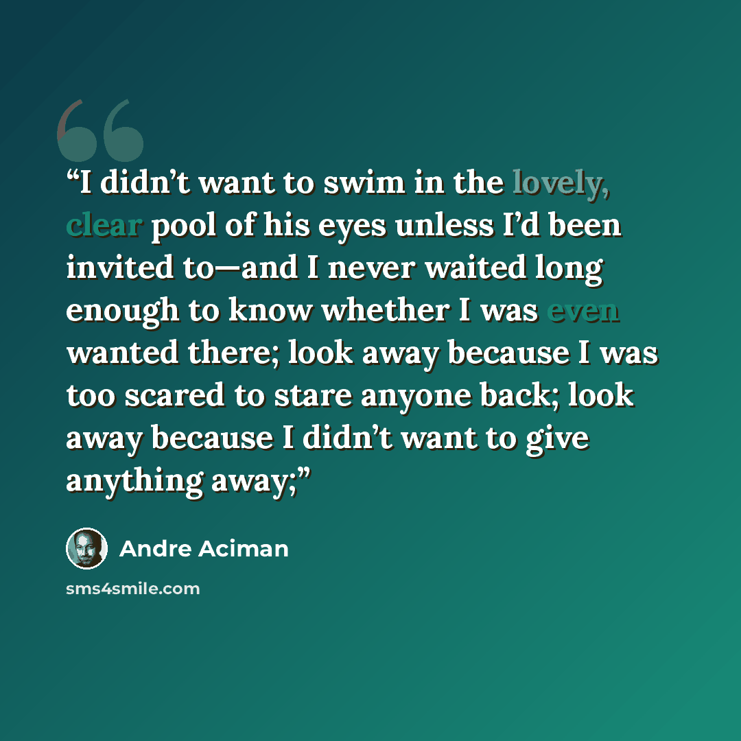 “I didn’t want to swim in the lovely, clear pool of his eyes unless I’d been invited to—and I never waited long enough to know whether I was even wanted there; look away because I was too scared to stare anyone back; look away because I didn’t want to give anything away;” quote by André Aciman
