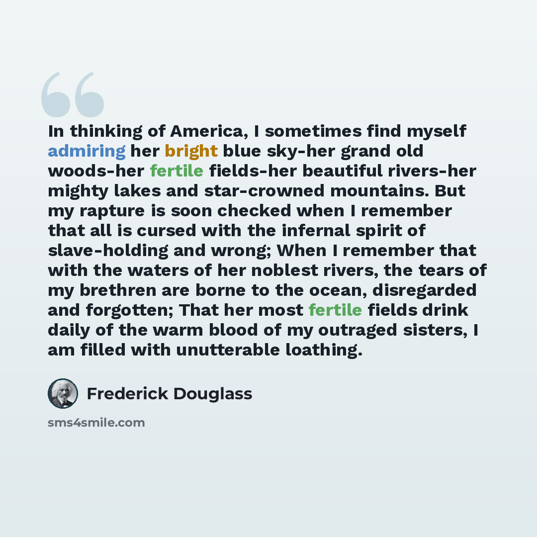 “In thinking of America, I sometimes find myself admiring her bright blue sky-her grand old woods-her fertile fields-her beautiful rivers-her mighty lakes and star-crowned mountains. But my rapture is soon checked when I remember that all is cursed with the infernal spirit of slave-holding and…” quote by Frederick Douglass