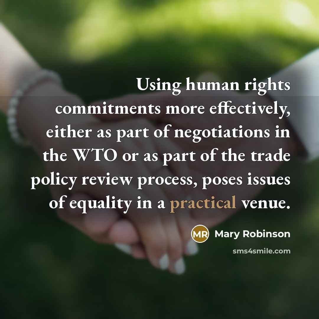 “Using human rights commitments more effectively, either as part of negotiations in the WTO or as part of the trade policy review process, poses issues of equality in a practical venue.” quote by Mary Robinson