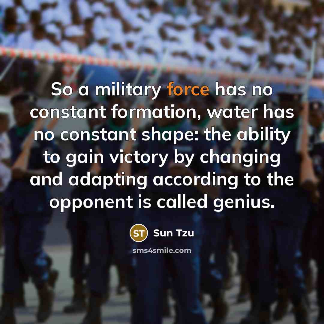 “So a military force has no constant formation, water has no constant shape: the ability to gain victory by changing and adapting according to the opponent is called genius.” quote by Sun Tzu