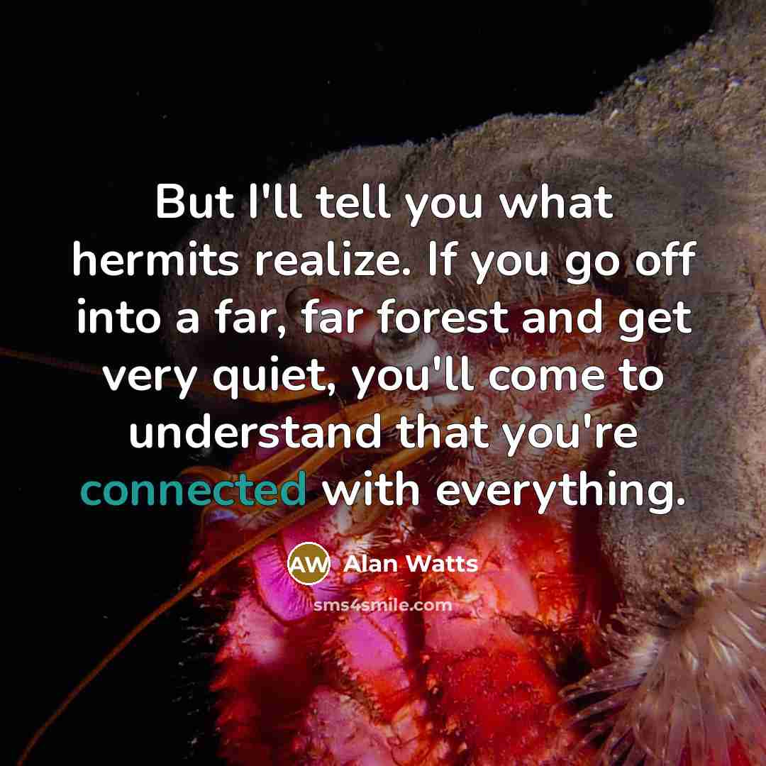 “But I'll tell you what hermits realize. If you go off into a far, far forest and get very quiet, you'll come to understand that you're connected with everything.” quote by Alan Watts