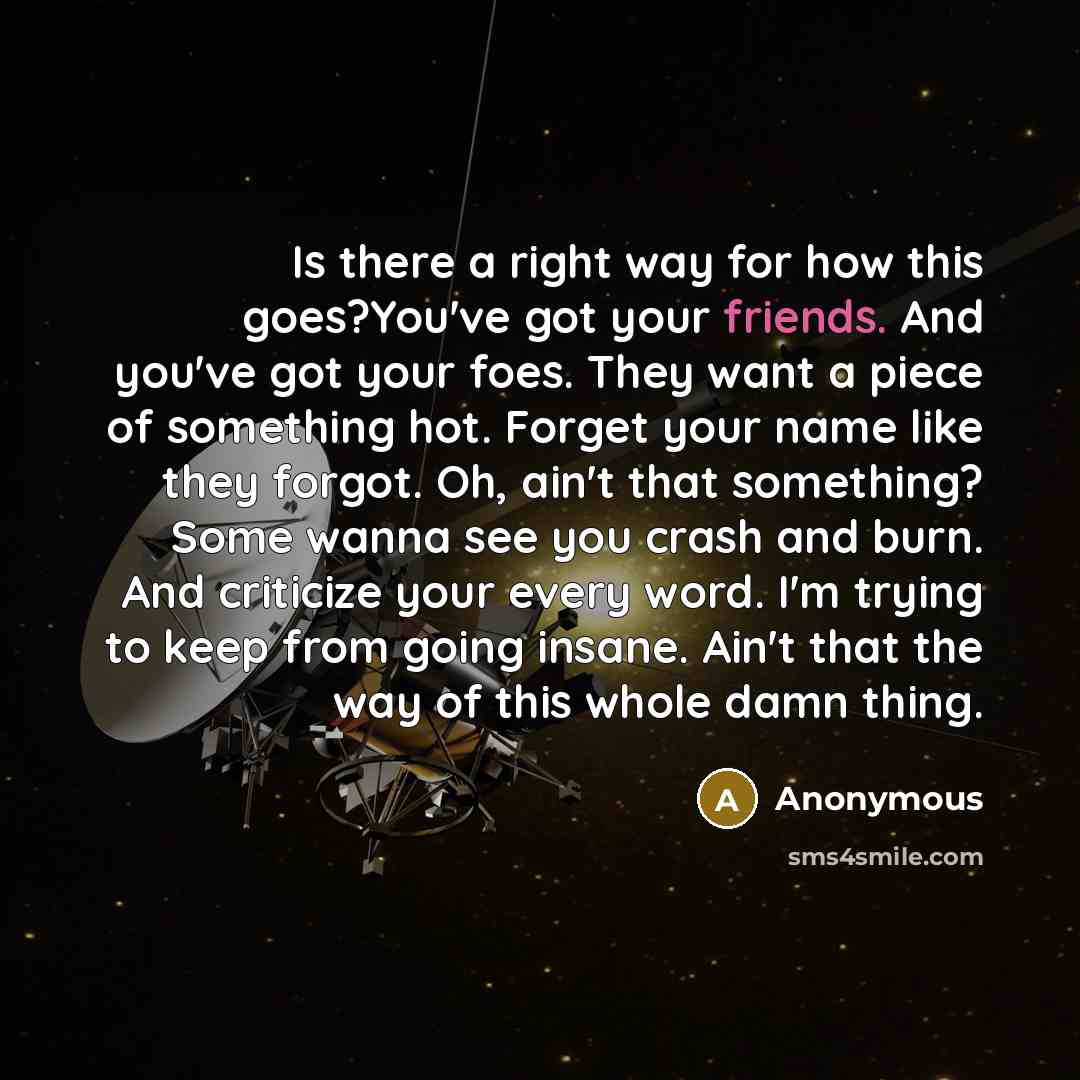 “Is there a right way for how this goes?You've got your friends. And you've got your foes. They want a piece of something hot. Forget your name like they forgot. Oh, ain't that something? Some wanna see you crash and burn. And criticize your every word. I'm trying to keep from going insane. Ain't…” quote by Anonymous