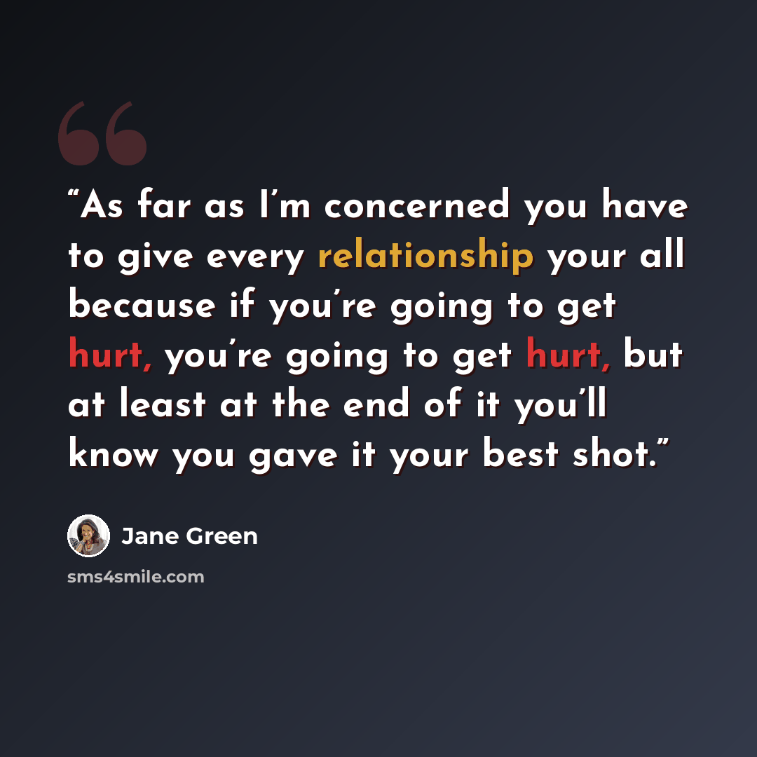 “As far as I’m concerned you have to give every relationship your all because if you’re going to get hurt, you’re going to get hurt, but at least at the end of it you’ll know you gave it your best shot.” quote by Jane Green