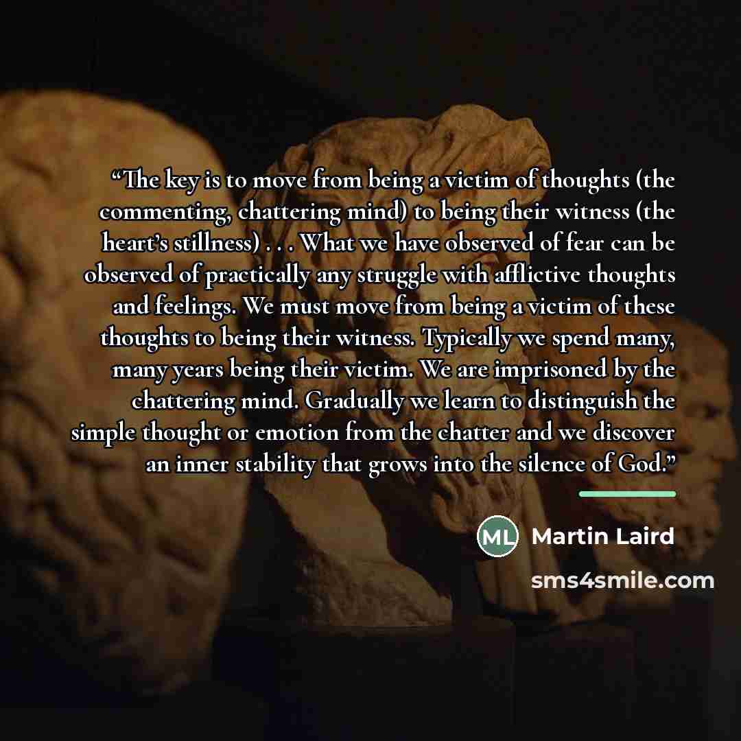 “The key is to move from being a victim of thoughts (the commenting, chattering mind) to being their witness (the heart’s stillness) . . . What we have observed of fear can be observed of practically any struggle with afflictive thoughts and feelings. We must move from being a victim of these…” quote by Martin Laird