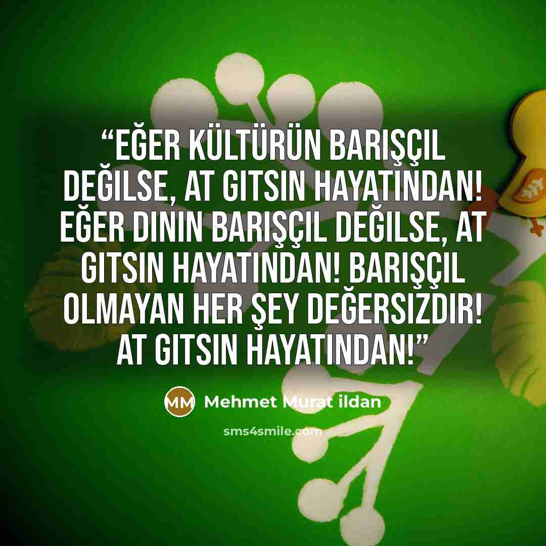 “Eğer kültürün barışçıl değilse, at gitsin hayatından! Eğer dinin barışçıl değilse, at gitsin hayatından! Barışçıl olmayan her şey değersizdir! At gitsin hayatından!” quote by Mehmet Murat ildan