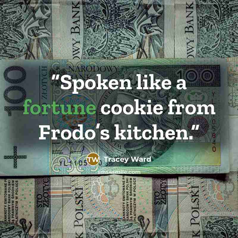 “Spoken like a fortune cookie from Frodo’s kitchen.” quote by Tracey Ward