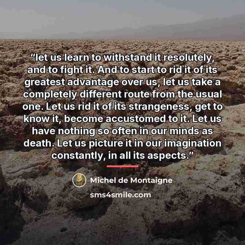 “let us learn to withstand it resolutely, and to fight it. And to start to rid it of its greatest advantage over us, let us take a completely different route from the usual one. Let us rid it of its strangeness, get to know it, become accustomed to it. Let us have nothing so often in our minds as…” quote by Michel de Montaigne