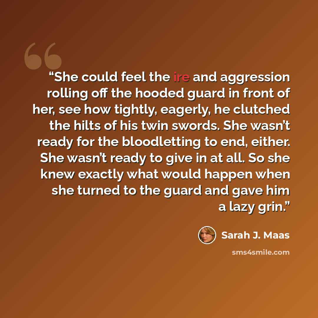 “She could feel the ire and aggression rolling off the hooded guard in front of her, see how tightly, eagerly, he clutched the hilts of his twin swords. She wasn’t ready for the bloodletting to end, either. She wasn’t ready to give in at all. So she knew exactly what would happen when she turned to…” quote by Sarah J. Maas