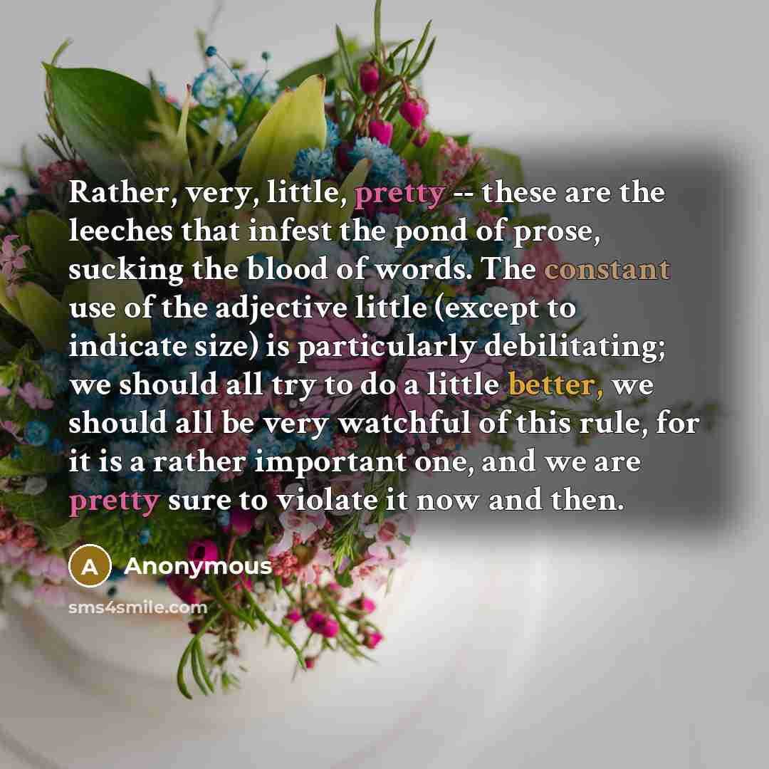 “Rather, very, little, pretty -- these are the leeches that infest the pond of prose, sucking the blood of words. The constant use of the adjective little (except to indicate size) is particularly debilitating; we should all try to do a little better, we should all be very watchful of this rule…” quote by Anonymous
