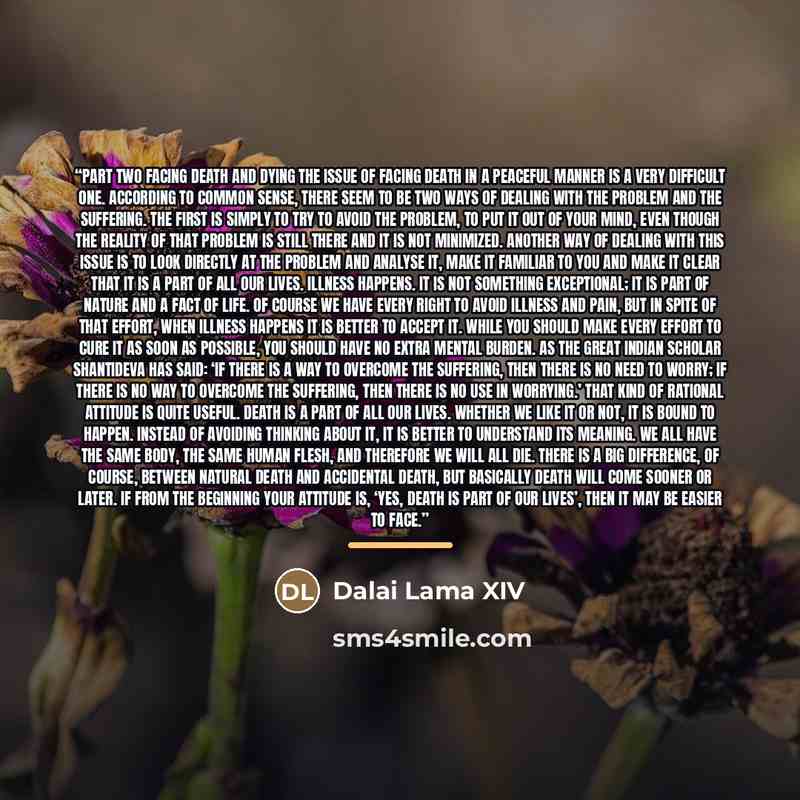 “PART TWO FACING DEATH AND DYING The issue of facing death in a peaceful manner is a very difficult one. According to common sense, there seem to be two ways of dealing with the problem and the suffering. The first is simply to try to avoid the problem, to put it out of your mind, even though the…” quote by Dalai Lama XIV
