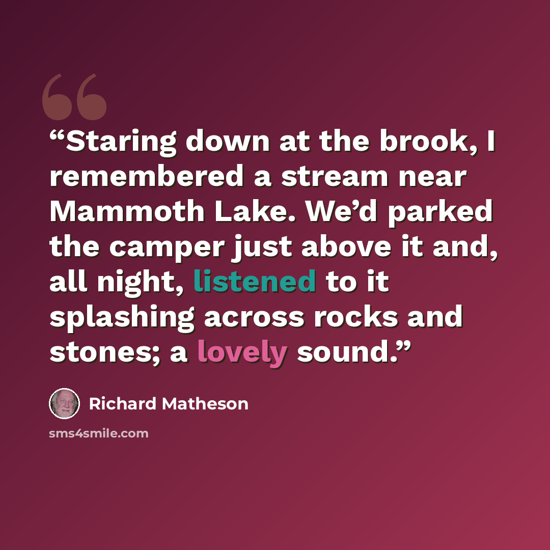 “Staring down at the brook, I remembered a stream near Mammoth Lake. We’d parked the camper just above it and, all night, listened to it splashing across rocks and stones; a lovely sound.” quote by Richard Matheson
