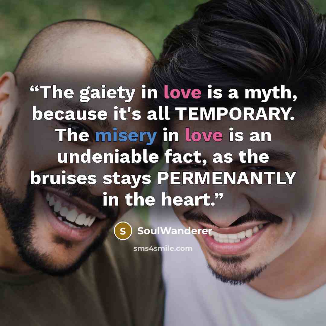 “The gaiety in love is a myth, because it's all TEMPORARY. The misery in love is an undeniable fact, as the bruises stays PERMENANTLY in the heart.” quote by SoulWanderer
