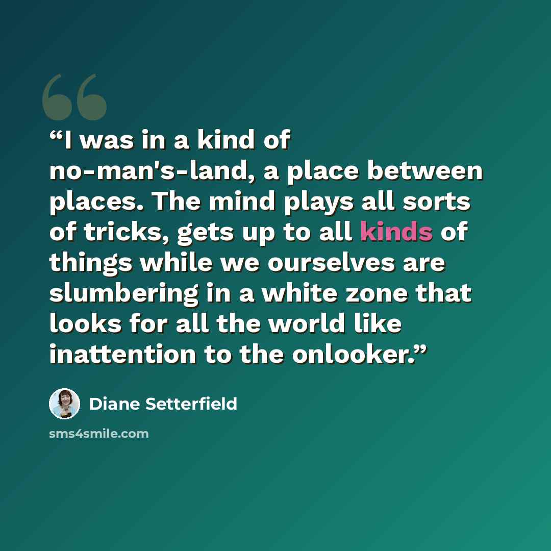“I was in a kind of no-man's-land, a place between places. The mind plays all sorts of tricks, gets up to all kinds of things while we ourselves are slumbering in a white zone that looks for all the world like inattention to the onlooker.” quote by Diane Setterfield