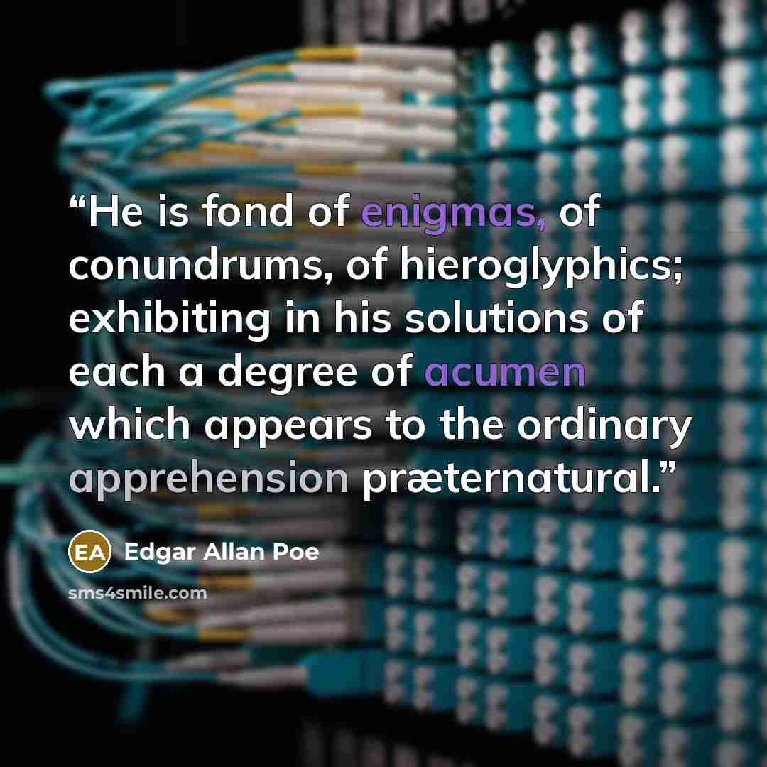 “He is fond of enigmas, of conundrums, of hieroglyphics; exhibiting in his solutions of each a degree of acumen which appears to the ordinary apprehension præternatural.” quote by Edgar Allan Poe