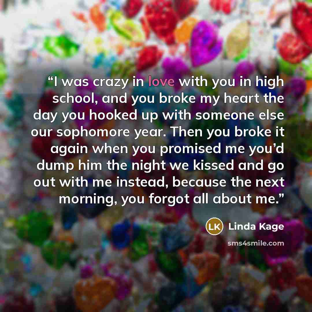 “I was crazy in love with you in high school, and you broke my heart the day you hooked up with someone else our sophomore year. Then you broke it again when you promised me you’d dump him the night we kissed and go out with me instead, because the next morning, you forgot all about me.” quote by Linda Kage