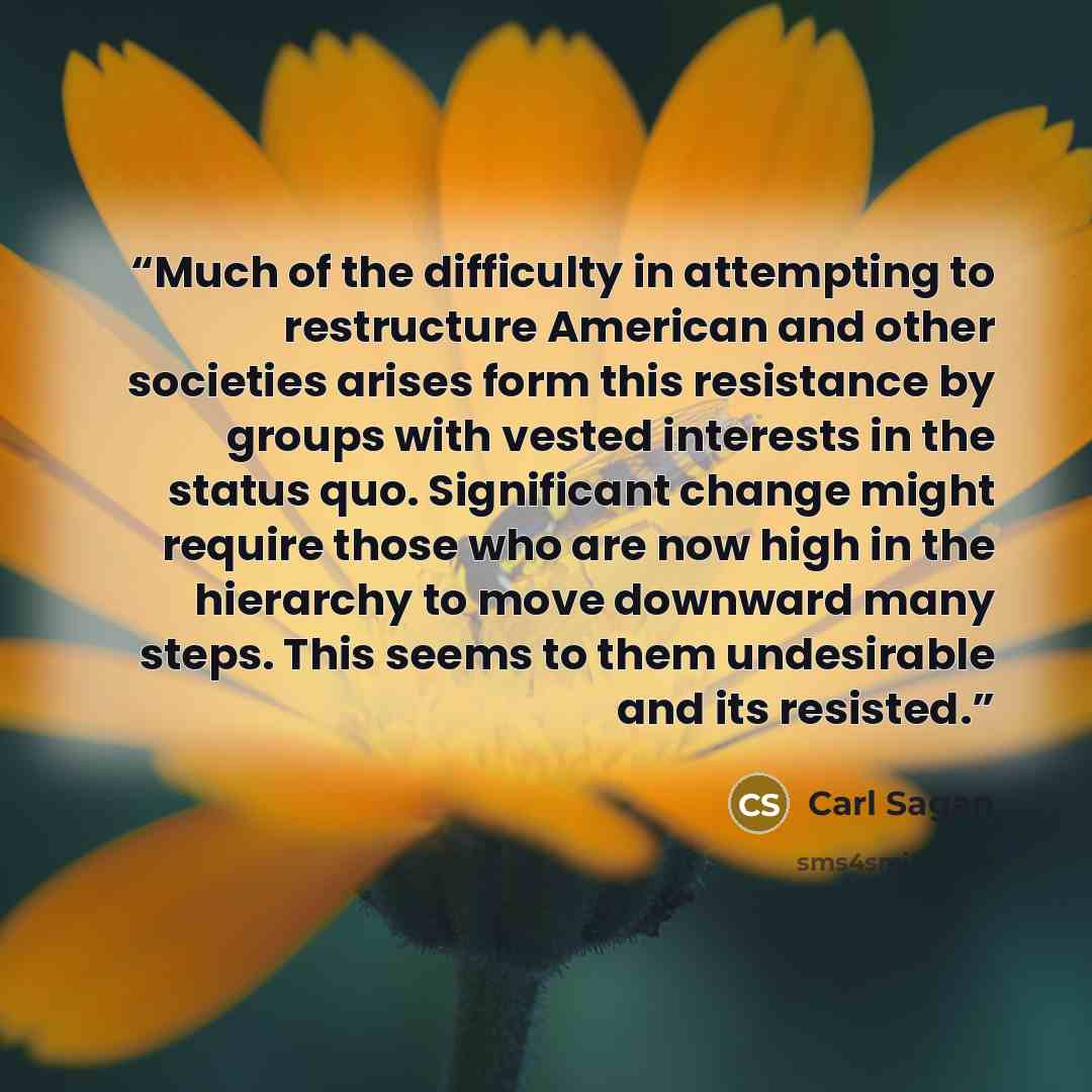 “Much of the difficulty in attempting to restructure American and other societies arises form this resistance by groups with vested interests in the status quo. Significant change might require those who are now high in the hierarchy to move downward many steps. This seems to them undesirable and…” quote by Carl Sagan