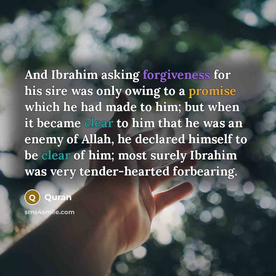 “And Ibrahim asking forgiveness for his sire was only owing to a promise which he had made to him; but when it became clear to him that he was an enemy of Allah, he declared himself to be clear of him; most surely Ibrahim was very tender-hearted forbearing.” quote by Quran