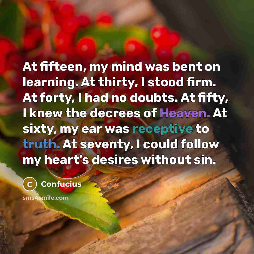 “At fifteen, my mind was bent on learning. At thirty, I stood firm. At forty, I had no doubts. At fifty, I knew the decrees of Heaven. At sixty, my ear was receptive to truth. At seventy, I could follow my heart's desires without sin.” quote by Confucius
