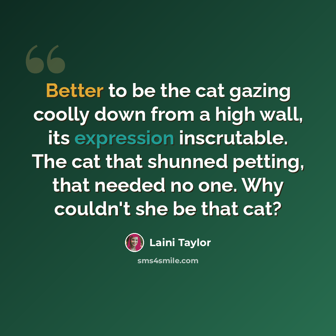 “Better to be the cat gazing coolly down from a high wall, its expression inscrutable. The cat that shunned petting, that needed no one. Why couldn't she be that cat?” quote by Laini Taylor
