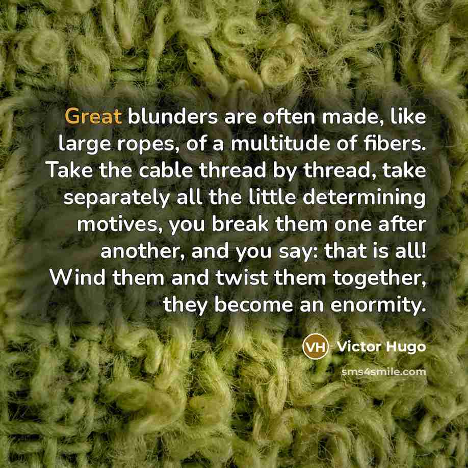 “Great blunders are often made, like large ropes, of a multitude of fibers. Take the cable thread by thread, take separately all the little determining motives, you break them one after another, and you say: that is all! Wind them and twist them together, they become an enormity.” quote by Victor Hugo