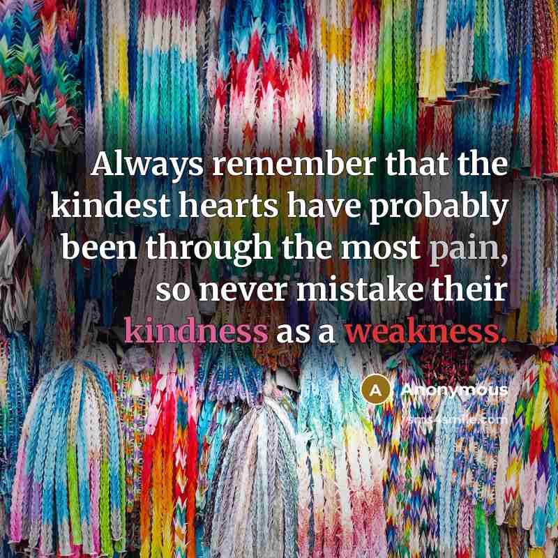 “Always remember that the kindest hearts have probably been through the most pain, so never mistake their kindness as a weakness.” quote by Anonymous