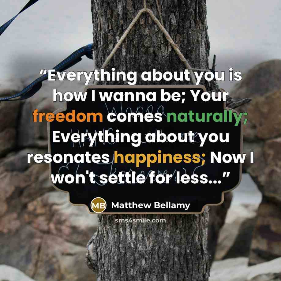 “Everything about you is how I wanna be; Your freedom comes naturally; Everything about you resonates happiness; Now I won't settle for less...” quote by Matthew Bellamy