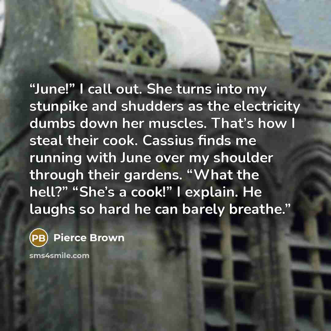 “June!” I call out. She turns into my stunpike and shudders as the electricity dumbs down her muscles. That’s how I steal their cook. Cassius finds me running with June over my shoulder through their gardens. “What the hell?” “She’s a cook!” I explain. He laughs so hard he can barely breathe.” quote by Pierce Brown