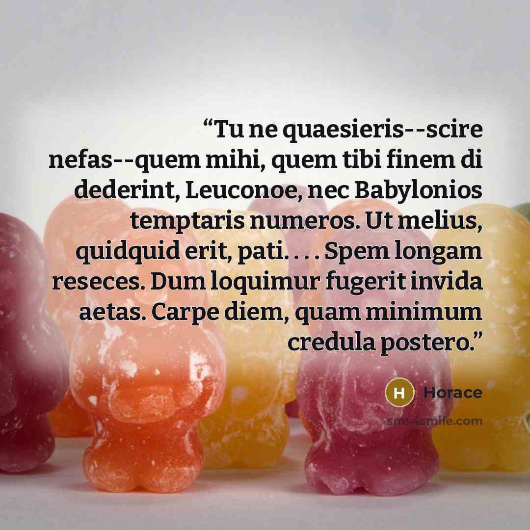 “Tu ne quaesieris--scire nefas--quem mihi, quem tibi finem di dederint, Leuconoe, nec Babylonios temptaris numeros. Ut melius, quidquid erit, pati. . . . Spem longam reseces. Dum loquimur fugerit invida aetas. Carpe diem, quam minimum credula postero.” quote by Horace