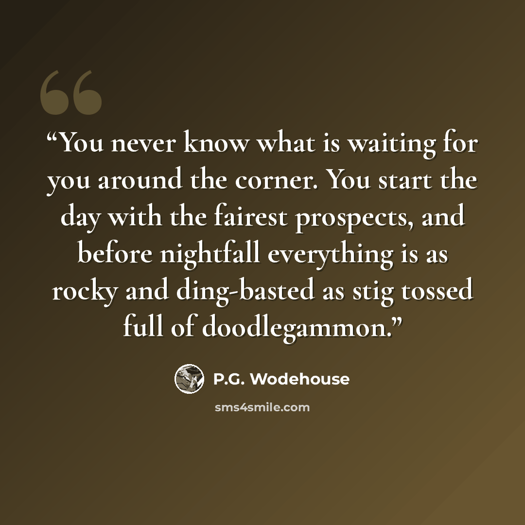 “You never know what is waiting for you around the corner. You start the day with the fairest prospects, and before nightfall everything is as rocky and ding-basted as stig tossed full of doodlegammon.” quote by P.G. Wodehouse