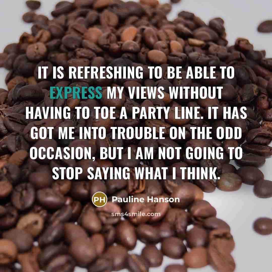 “It is refreshing to be able to express my views without having to toe a party line. It has got me into trouble on the odd occasion, but I am not going to stop saying what I think.” quote by Pauline Hanson