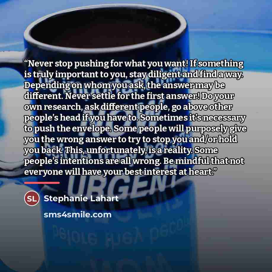 “Never stop pushing for what you want! If something is truly important to you, stay diligent and find a way. Depending on whom you ask, the answer may be different. Never settle for the first answer! Do your own research, ask different people, go above other people’s head if you have to. Sometimes…” quote by Stephanie Lahart