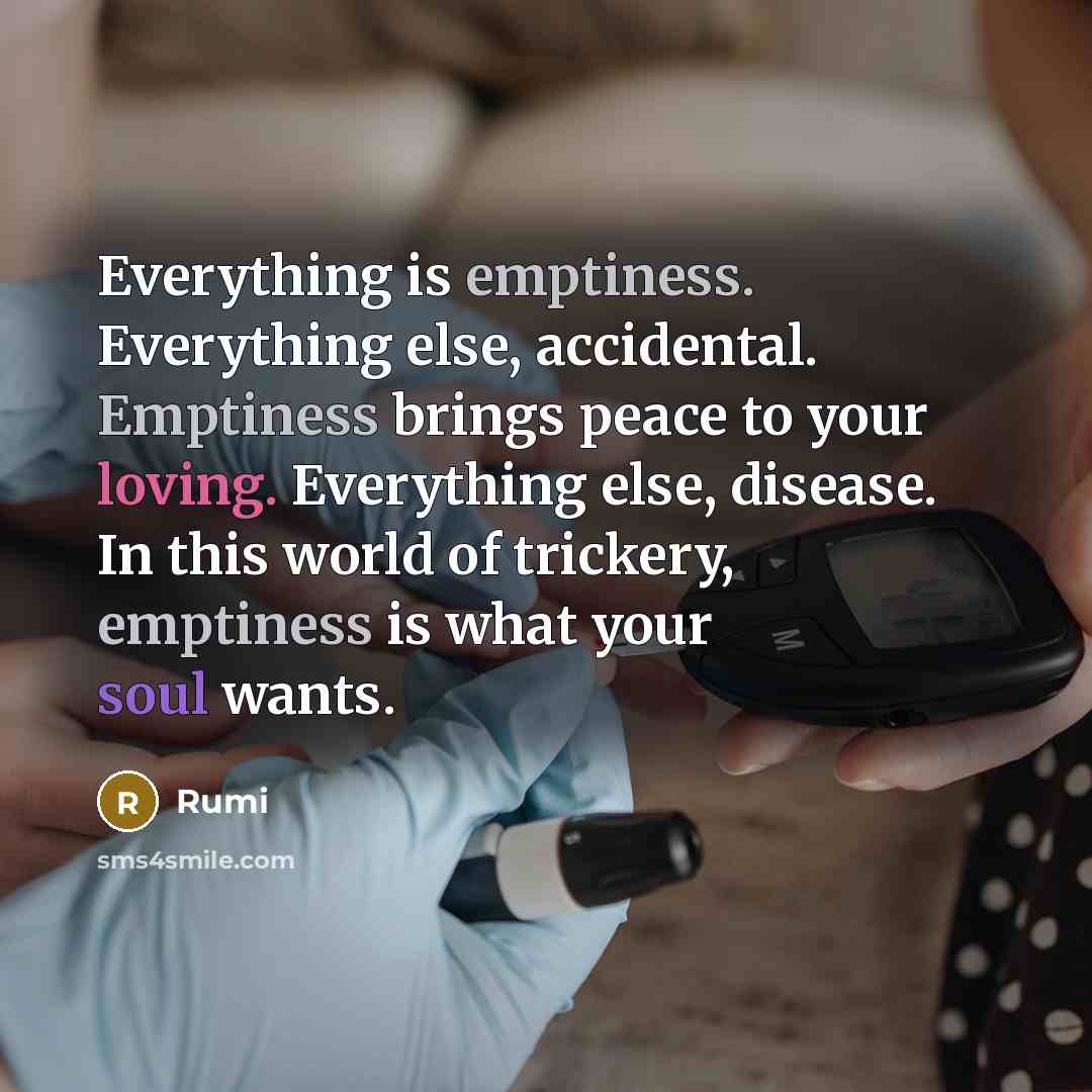 “Everything is emptiness. Everything else, accidental. Emptiness brings peace to your loving. Everything else, disease. In this world of trickery, emptiness is what your soul wants.” quote by Rumi