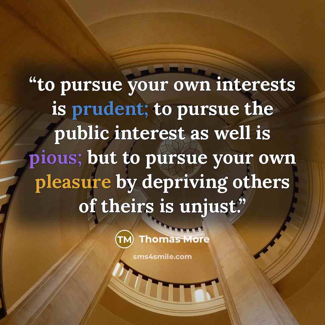 “to pursue your own interests is prudent; to pursue the public interest as well is pious; but to pursue your own pleasure by depriving others of theirs is unjust.” quote by Thomas More