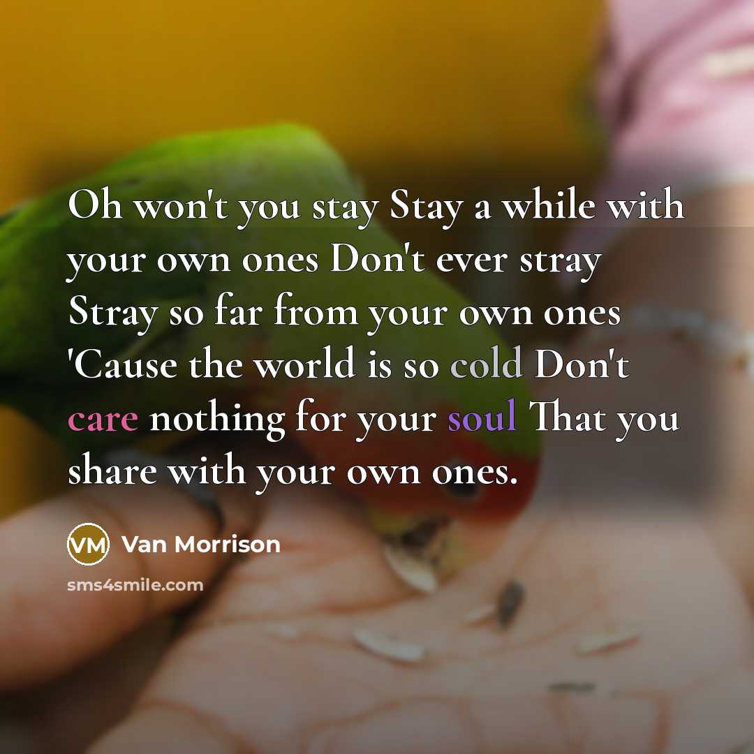 “Oh won't you stay Stay a while with your own ones Don't ever stray Stray so far from your own ones 'Cause the world is so cold Don't care nothing for your soul That you share with your own ones.” quote by Van Morrison