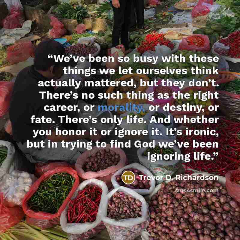 “We’ve been so busy with these things we let ourselves think actually mattered, but they don’t. There’s no such thing as the right career, or morality, or destiny, or fate. There’s only life. And whether you honor it or ignore it. It’s ironic, but in trying to find God we’ve been ignoring life.” quote by Trevor D. Richardson