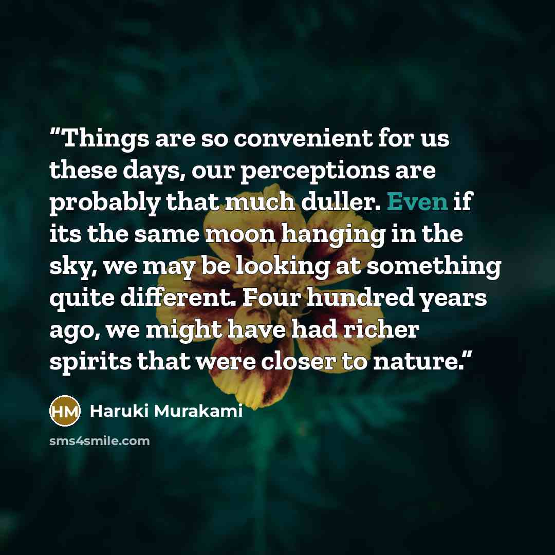 “Things are so convenient for us these days, our perceptions are probably that much duller. Even if its the same moon hanging in the sky, we may be looking at something quite different. Four hundred years ago, we might have had richer spirits that were closer to nature.” quote by Haruki Murakami