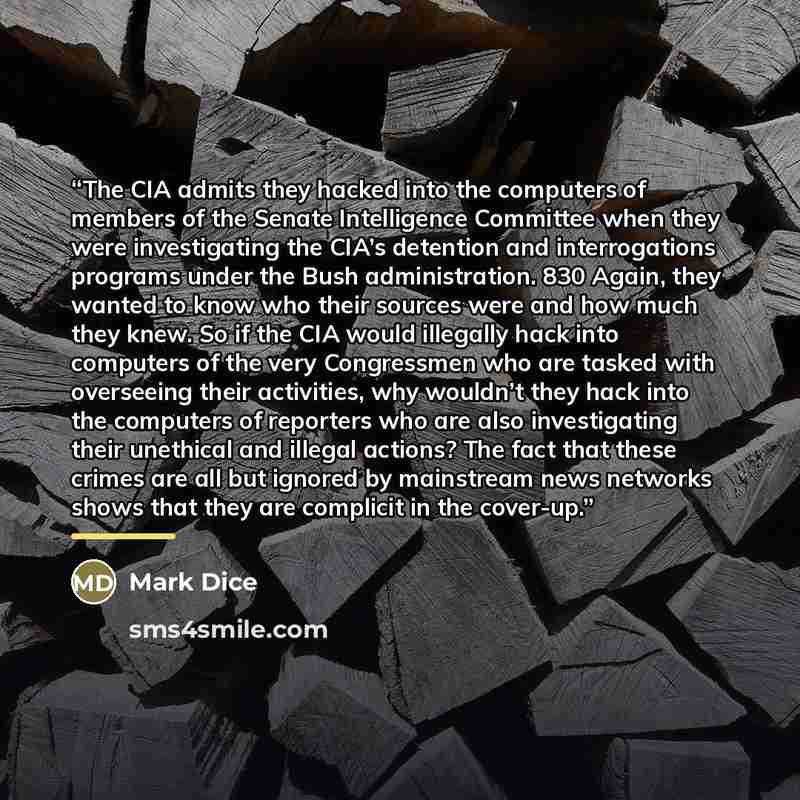 “The CIA admits they hacked into the computers of members of the Senate Intelligence Committee when they were investigating the CIA’s detention and interrogations programs under the Bush administration. 830 Again, they wanted to know who their sources were and how much they knew. So if the CIA…” quote by Mark Dice
